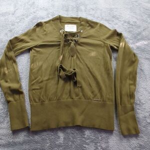 Abercrombie Fitch Womens Lace Up Neck Sweater Sz Small Olive Drab Green Cotton‎